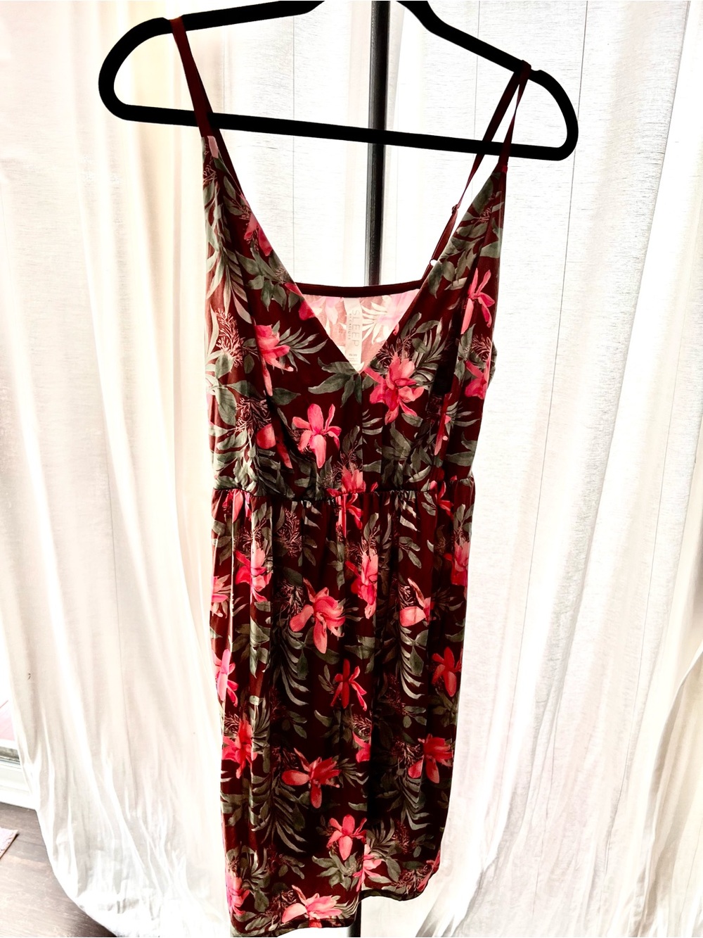 Floral Spaghetti Strap slip sleep dress - Brown with Pink Flowers
